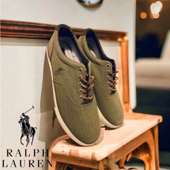 Polo Ralph Lauren Vaughn Men 8.5D Olive Green Twill Sneakers Low Top Shoes #0057 - Picture 2 of 9